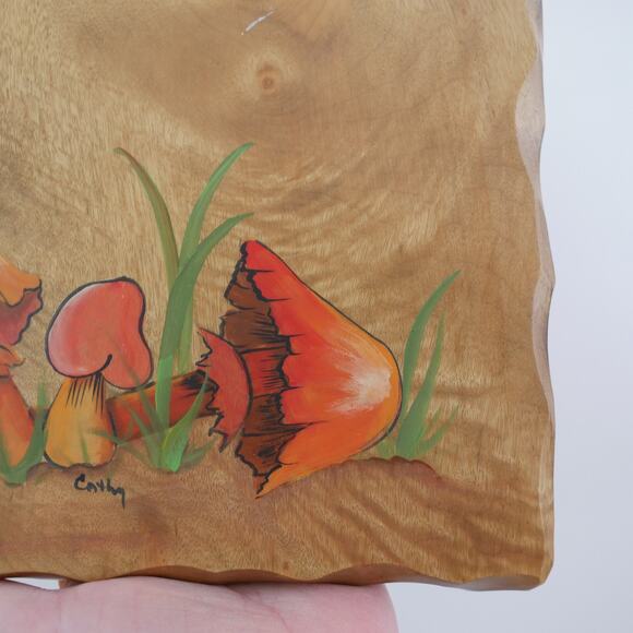 60s vintage Myrtlewood hand-painted mushroom wall décor 9” x 7” - Picture 3 of 10